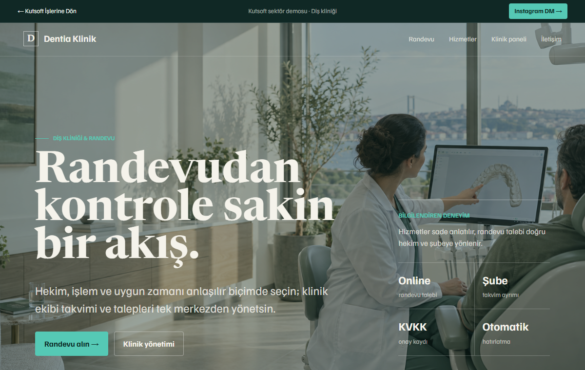Kutsoft diş kliniği web sitesi ve randevu sistemi demosu