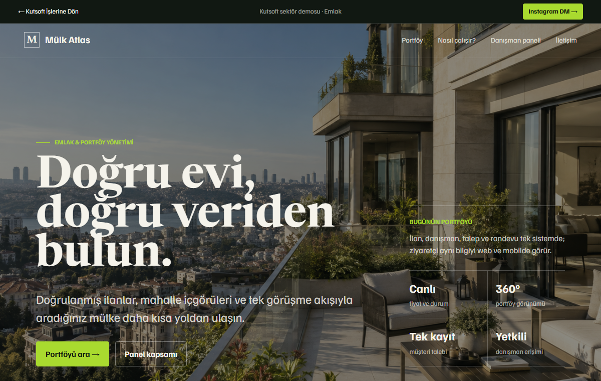 Kutsoft emlak web sitesi ve portföy yönetim sistemi demosu