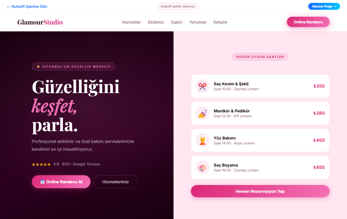 Kutsoft güzellik salonu ve kuaför randevu demosu
