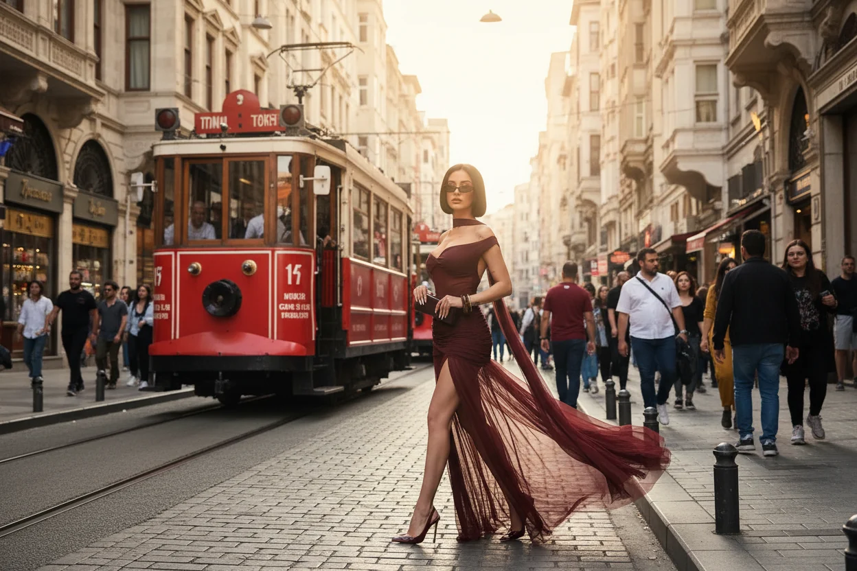 İstiklal Caddesi atmosferinde tasarlanan moda kampanya görseli
