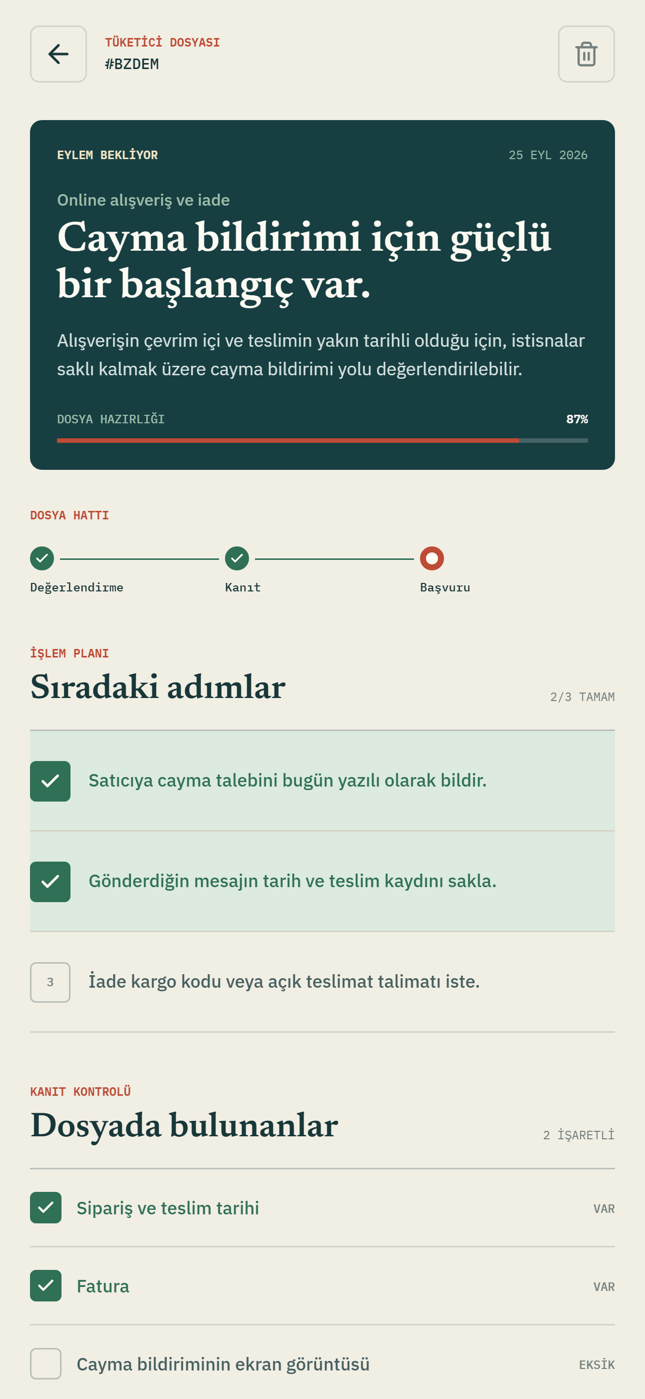 Hakkım Var dosya özeti ekranı