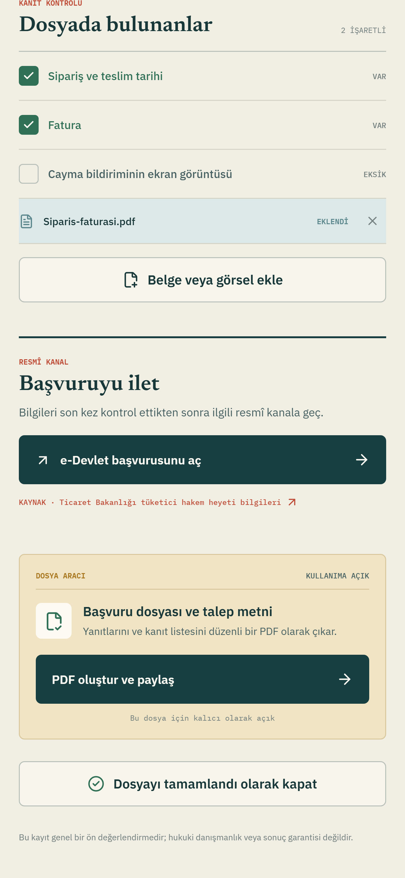 Hakkım Var kanıt ve belgeler ekranı