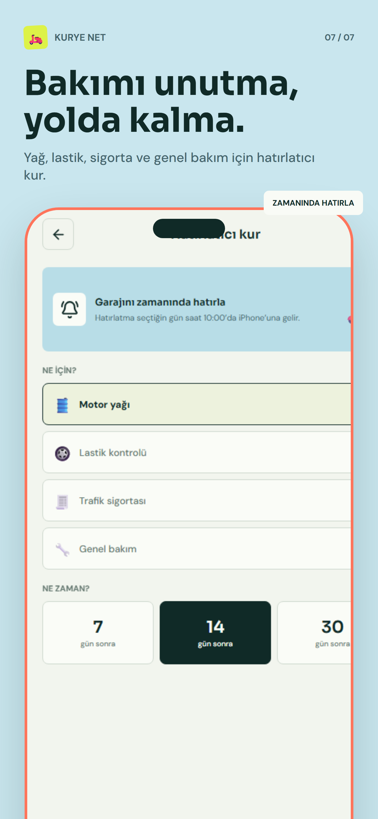 Kurye Net bakım hatırlatıcı ekranı