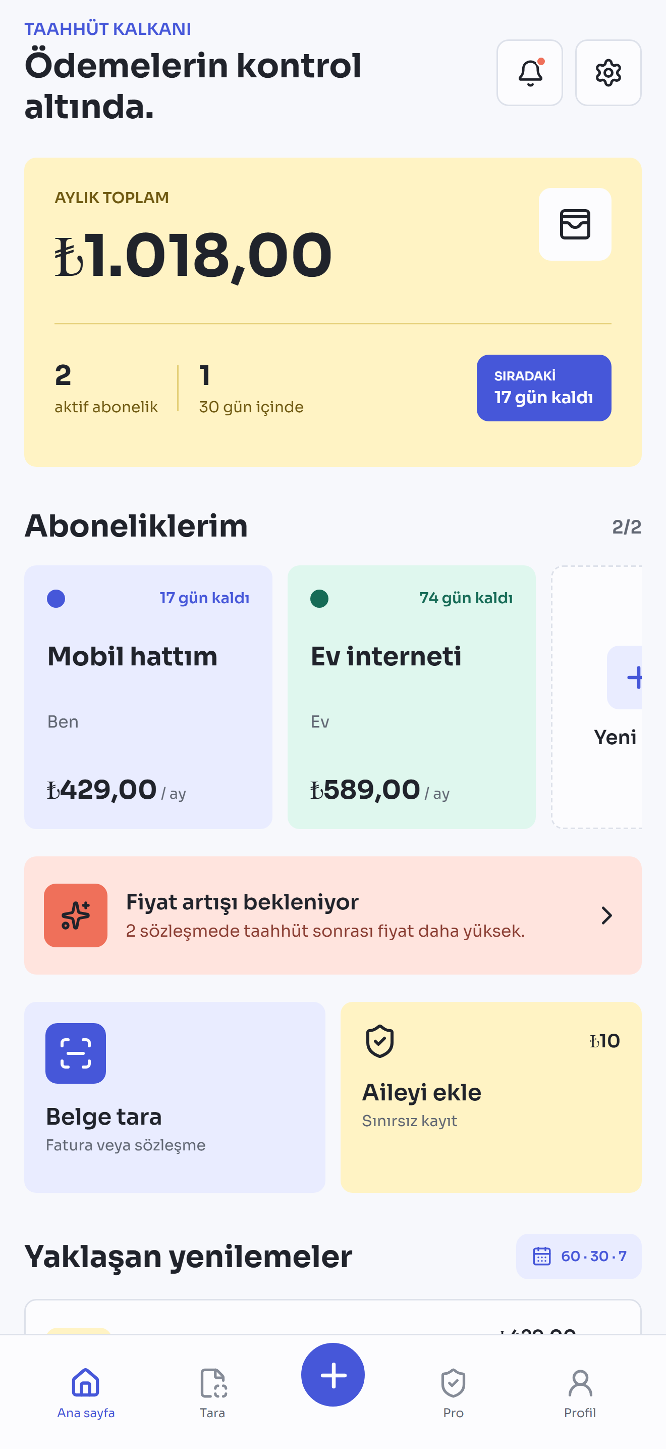 Taahhüt Kalkanı abonelik ve fiyat takip ekranı