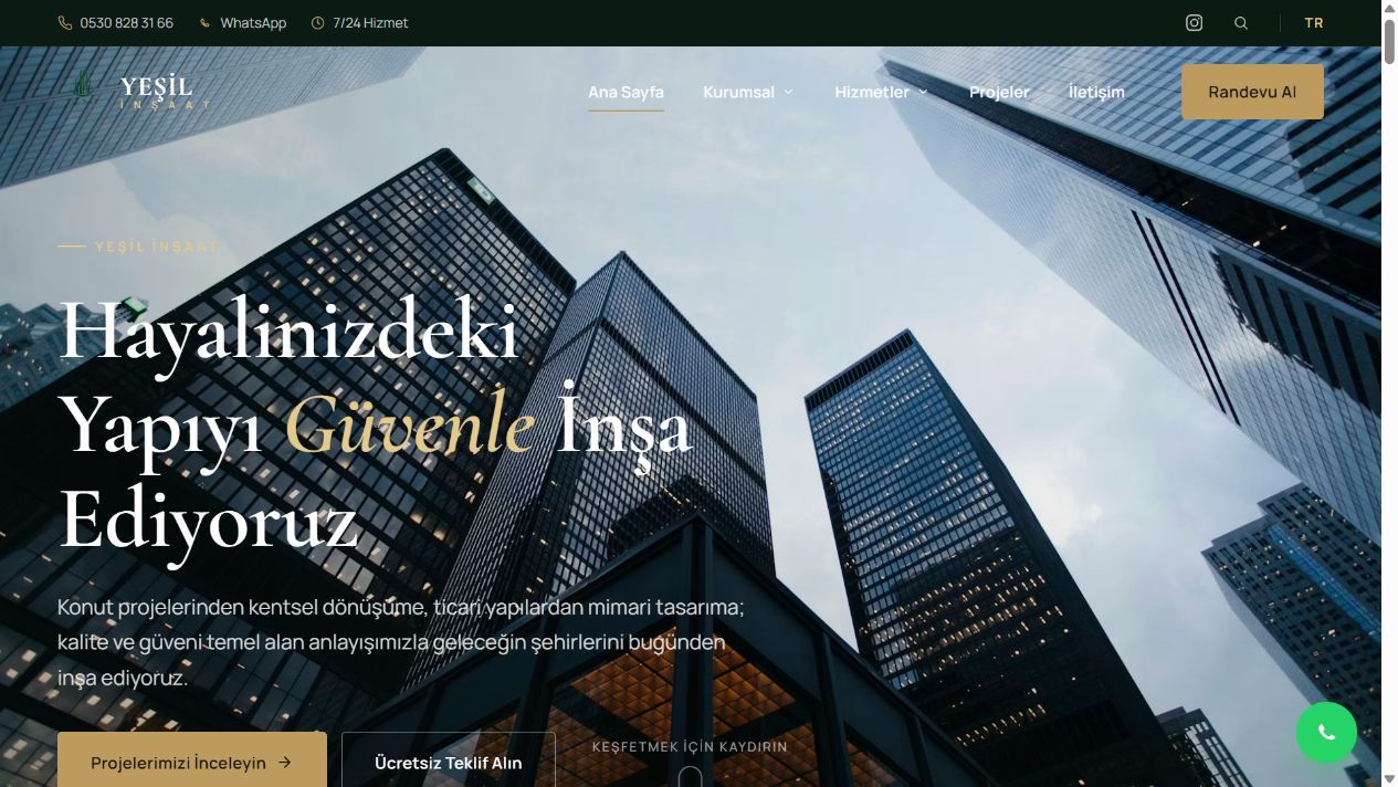 Kutsoft tarafından geliştirilen Yeşil İnşaat kurumsal site tasarımı